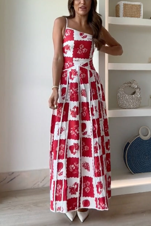 One Shoulder Ric Rac Trim Unique Print Maxi Cami Dress
