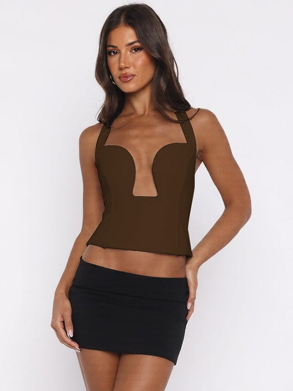 Hollow-out Bralette With Underwire, Tight-fitting Solid Color Halter Neck Double-layer Vest