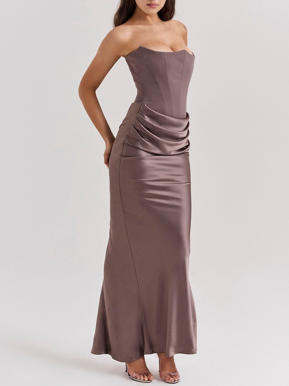 Satin Belted Strapless Off-the-shoulder Fishbone Pleated Long Bodycon Dress
