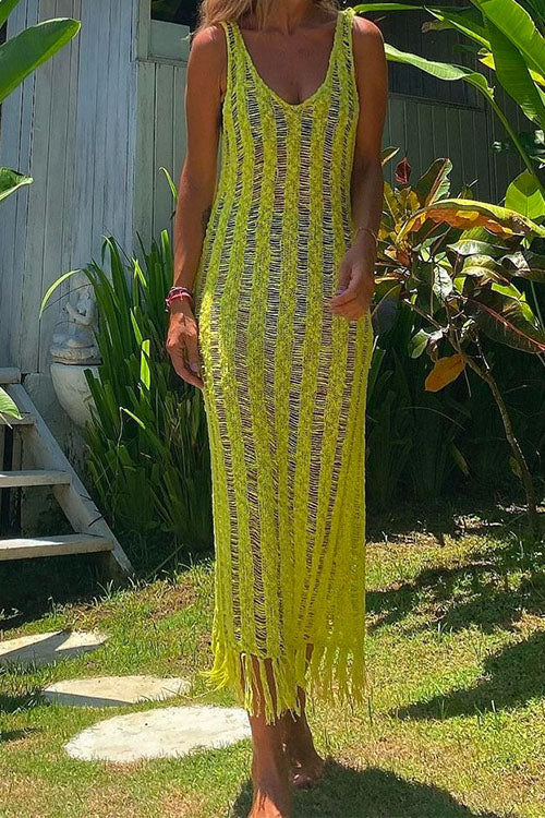Hollow Out Sleeveless Tassel Beach Cover Up Dress