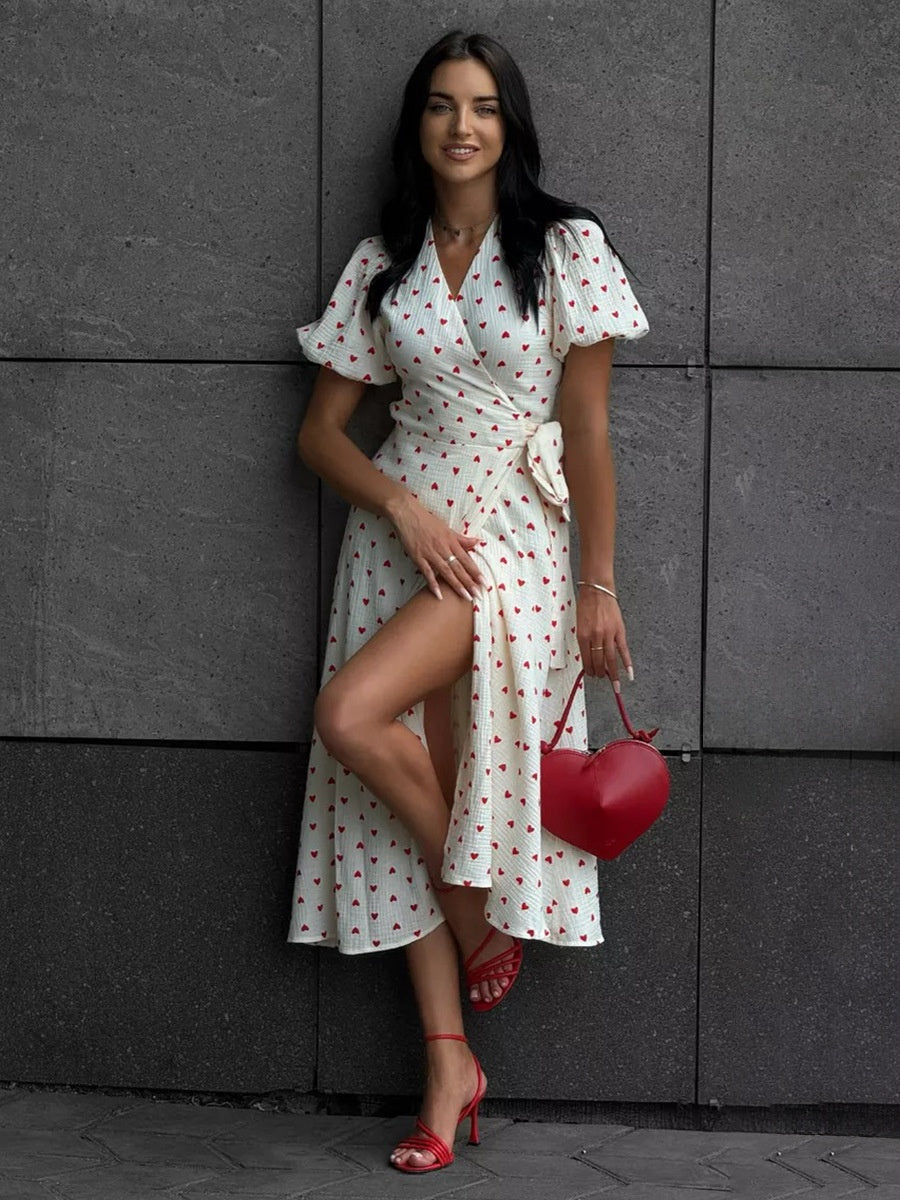 Pure Cotton Bandage Wrap-up Puff Sleeve Printed Comfort Maxi Dresses