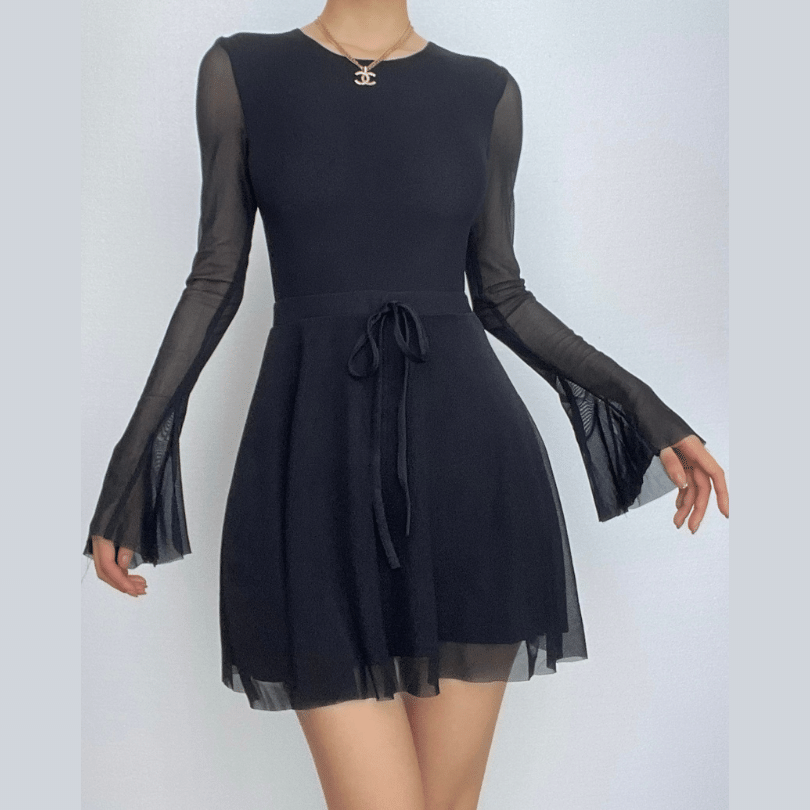 Long flared sleeve crewneck self tie mesh backless mini dress