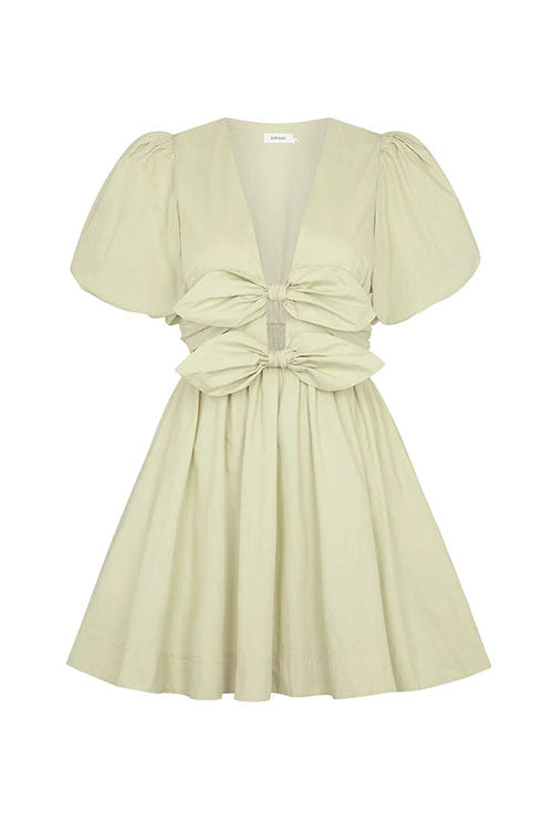 Deep V Neck Puff Sleeves Bow Knot Swing Dress