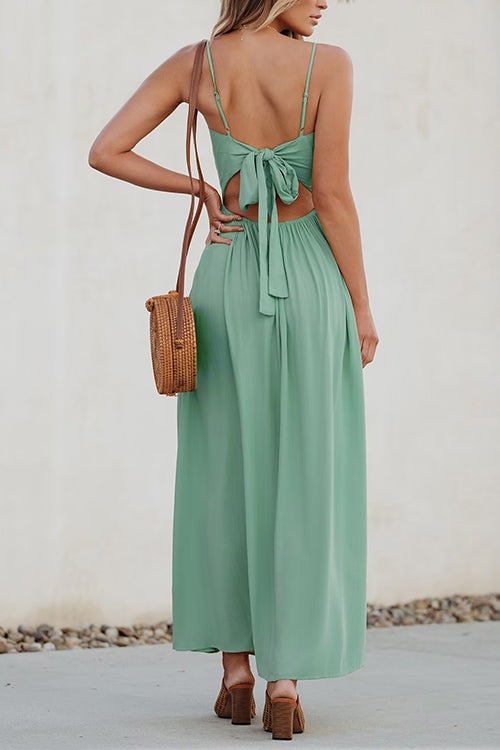 Twist V Neck Tie Back Cut Out Swing Maxi Cami Dress