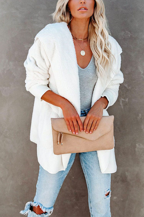 Open Front Hoodied Fuzzy Outwear with Pockets