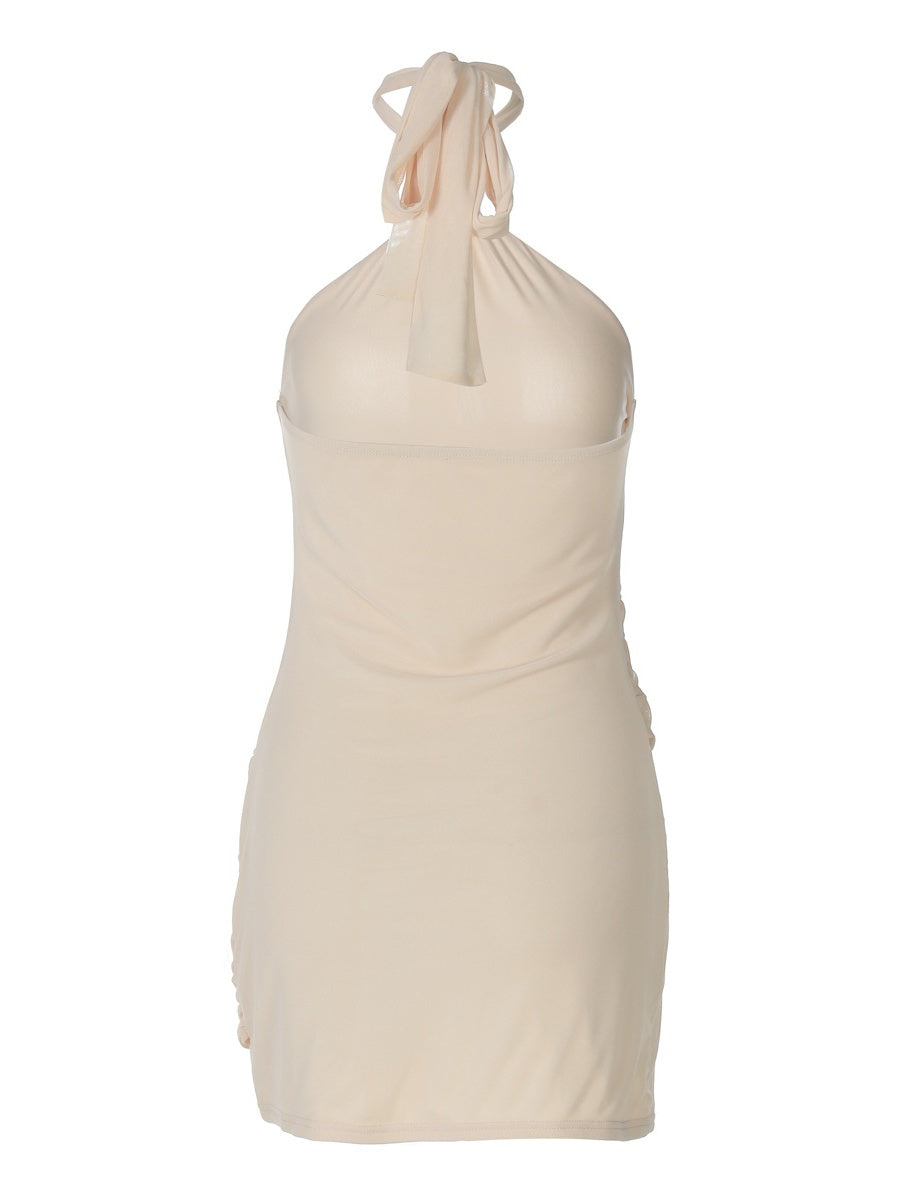Patchwork Mesh Bodycon Halter Neck Short Dress