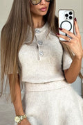 Crewneck Short Sleeves Button Up Sweater