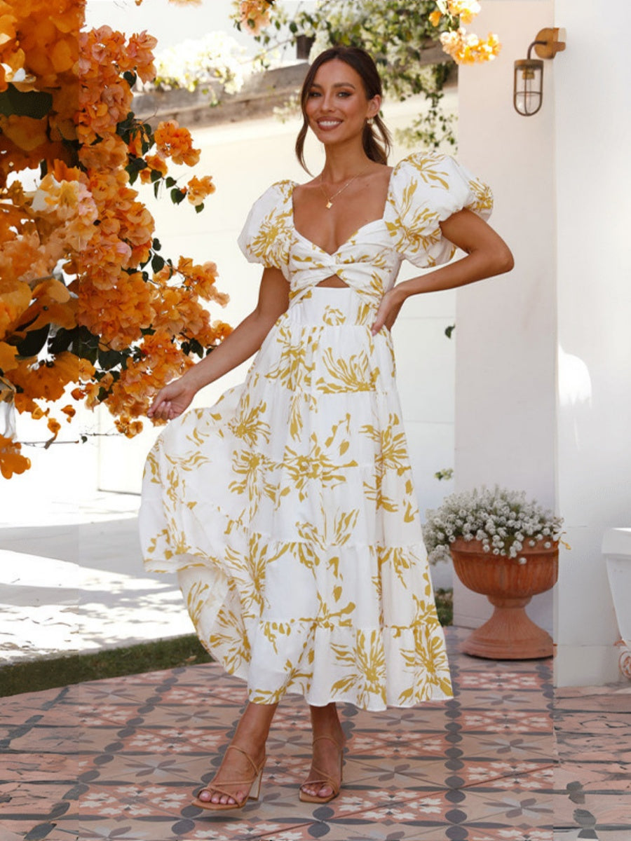 Printed Puff Sleeve Sweetheart Collar Vacation Maxi Dresses