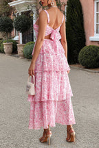 Square Neck Ruched Bust Toile Floral Print Tiered Maxi Dress