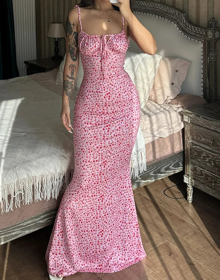 Floral Print Spaghetti Strap Sweetheart Lace Up Backless Maxi Dress