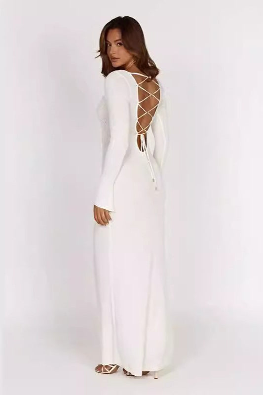 Ribbed Knit Long Sleeve Lace Up Open Back Bodycon Maxi Dress
