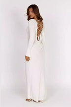 Ribbed Knit Long Sleeve Lace Up Open Back Bodycon Maxi Dress