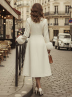 Vintage A-line Woolen Flared Midi Coat With Detachable faux fur cuffs In White 2026