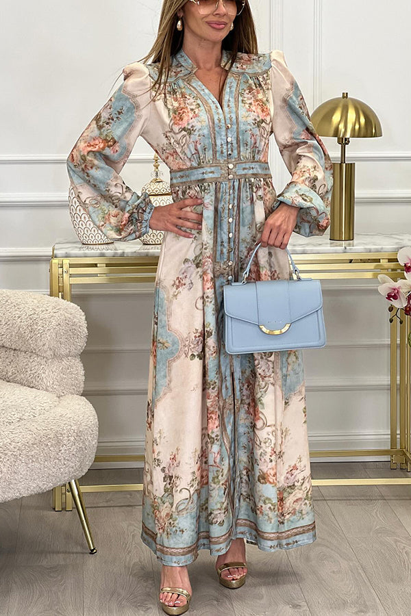 Floral Baroque Print Mandarin Collar Puff Sleeve Button Front Wrap Waist Maxi Dress