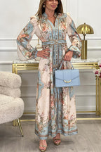 Floral Baroque Print Mandarin Collar Puff Sleeve Button Front Wrap Waist Maxi Dress