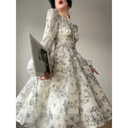 Keyhole Neck Puff Sleeve Botanical Toile Print Tiered Maxi Dress