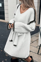 Stylish Loose-fitting Long-sleeved Tie-waist Knit Mini Dress