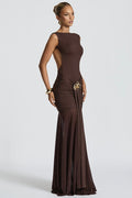 Sleeveless Backless Ruched Waist Brooch Detail Bodycon Maxi Dress