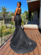 Birthday Party Dresses Blue Straps Neck Sleeveless Backless Prom Long Aquatic Dress