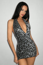 Leopard Print Sequin Halter Neck Deep V-Neck Bodycon Mini Dress