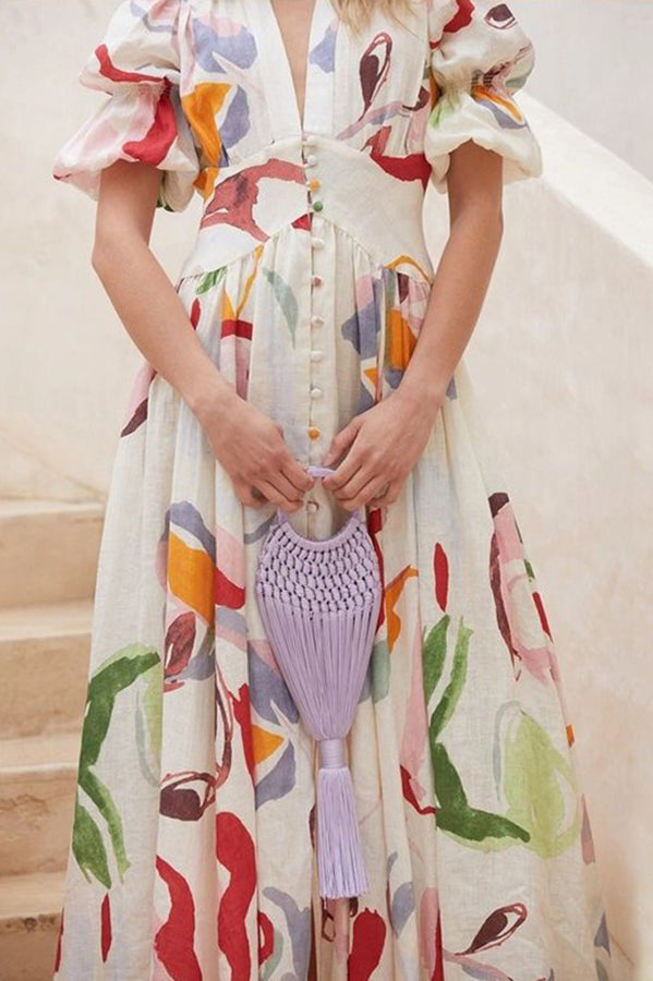 Abstract Watercolor Floral Puff Sleeve Button Maxi Dress