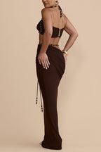 Emara Stretch Mesh Hand Beaded Detachable Belt Gathered Waist Vacation Maxi Skirt
