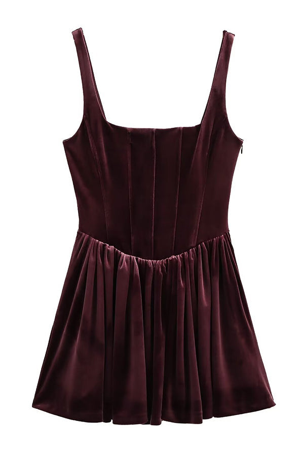 Velvet Square Neck Corset Seam Gathered Fit and Flare Mini Dress