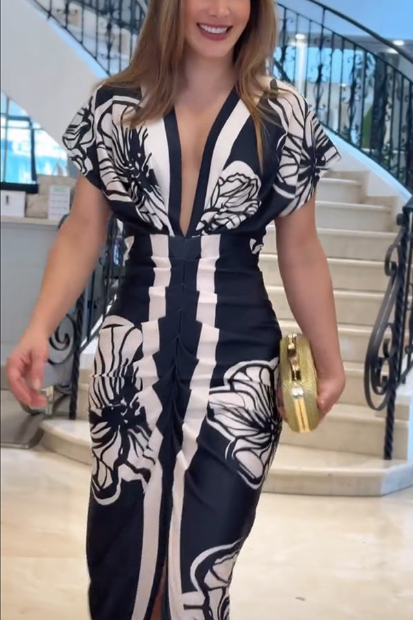 Brazilian Style Unique Print Dolman Long Sleeve Ruched Slit Midi Dress  Vestidos