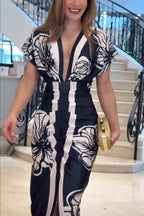 Bella Contrast Color Unique Print Dolman Sleeve Ruched Slit Midi Dress
