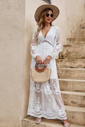 White Deep V Neck Embroidered Mesh Balloon Sleeve Empire Waist Maxi Dress