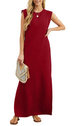 Padded Shoulder Crew Neck Ribbed Column Ankle Length Maxi Dress