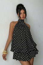 Halter High Neck Tiered Ruffle Polka Dot Romper Dress