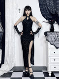 Halter Mandarin Collar Keyhole Damask Jacquard High Slit Maxi Dress