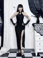 Halter Mandarin Collar Keyhole Damask Jacquard High Slit Maxi Dress