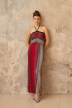 Ulysse Red Metallic Knit Halterneck Maxi Dress