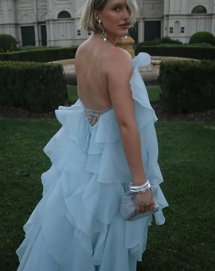 Chiffon Ruffle Halter Rosette Applique Tiered Maxi Dress