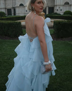 Chiffon Ruffle Halter Rosette Applique Tiered Maxi Dress
