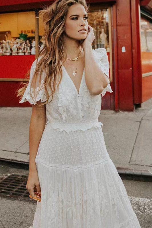 Lace Flutter Sleeve Deep V-Neck Button Front Tiered Maxi Dress