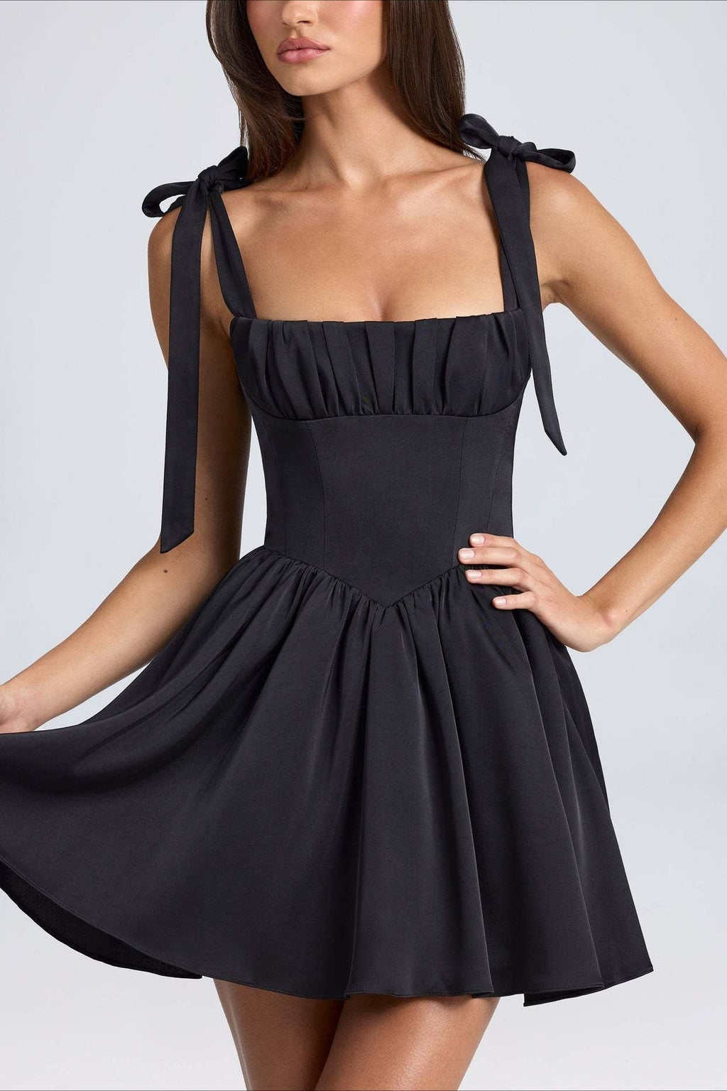 Square Neck Bow Tie Strap Corset Basque Waist Flared Mini Dress