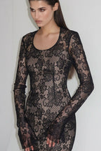 Lace Scoop Neck Extra Long Sleeve Bodycon Maxi Dress