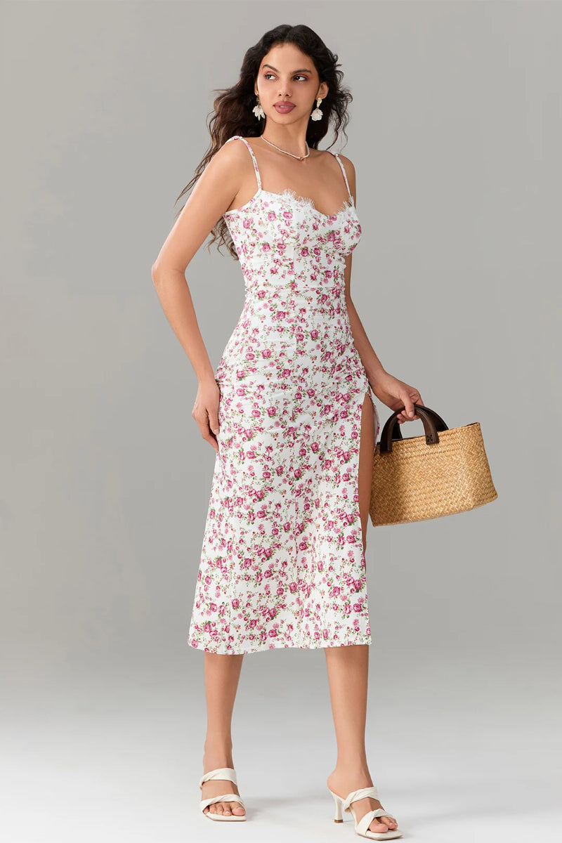 Floral Print Sweetheart Lace Trim Spaghetti Strap High Split Midi Dress