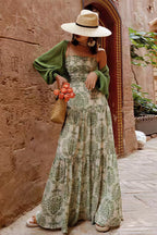 Green Spaghetti Strap Square Neck Ruched Damask Print Tiered Maxi Dress