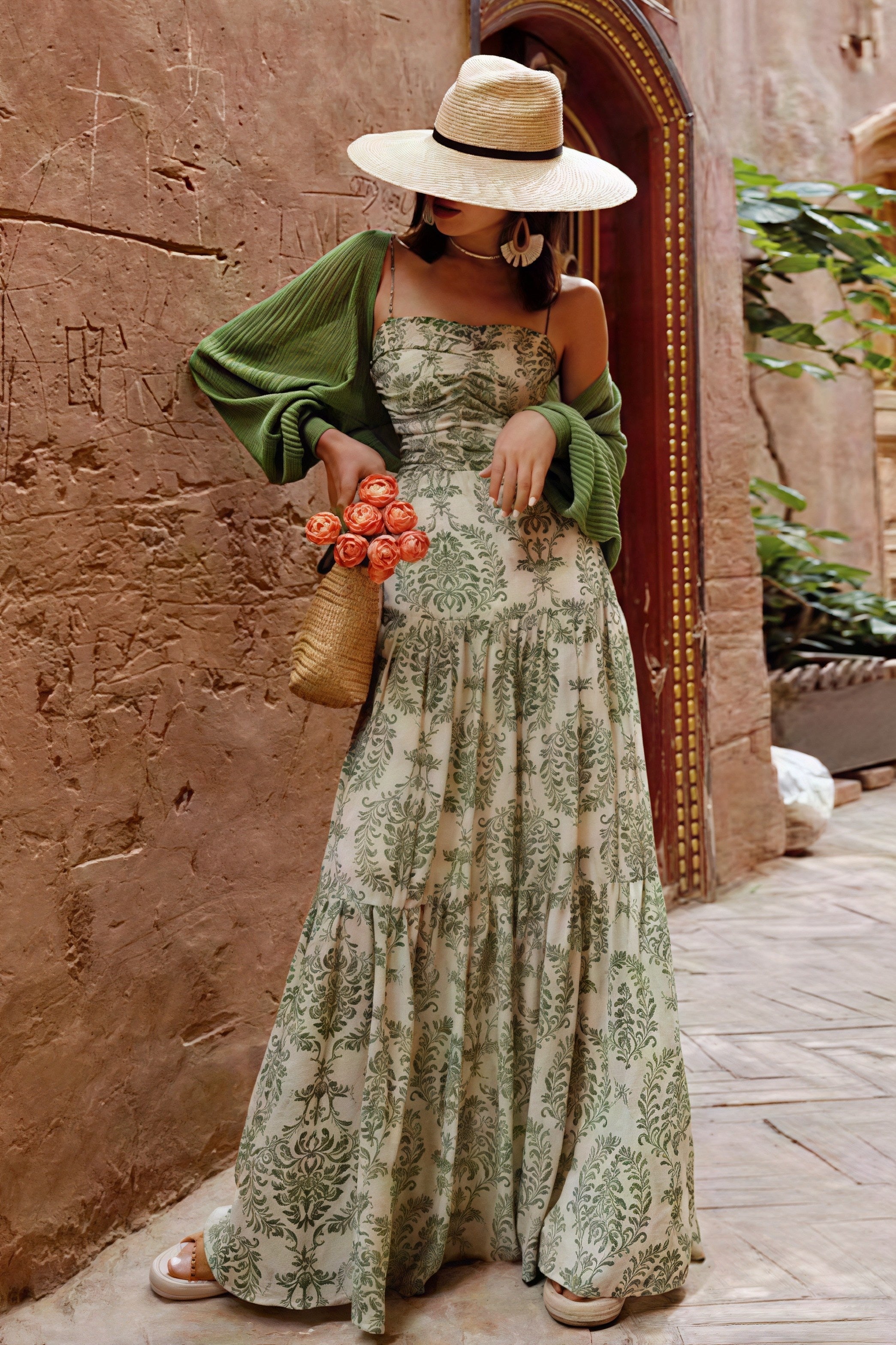 Green Spaghetti Strap Square Neck Ruched Damask Print Tiered Maxi Dress