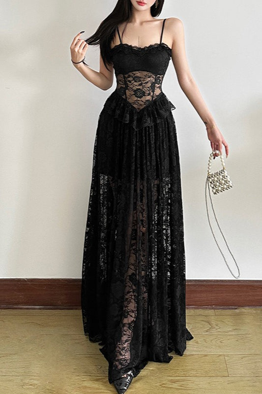 Corset Sweetheart Lace Peplum Waist Tiered Floral Maxi Dress