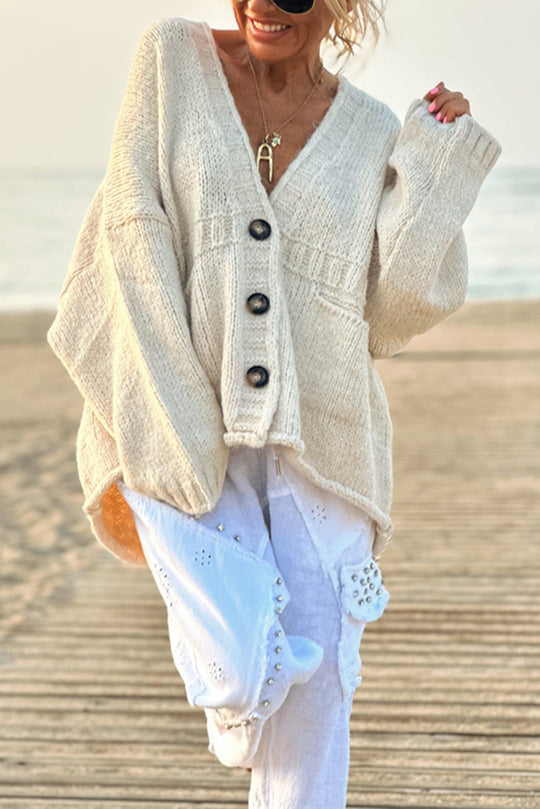 | Solid color loose long sleeve knitted sweater with V-neck and pocket
