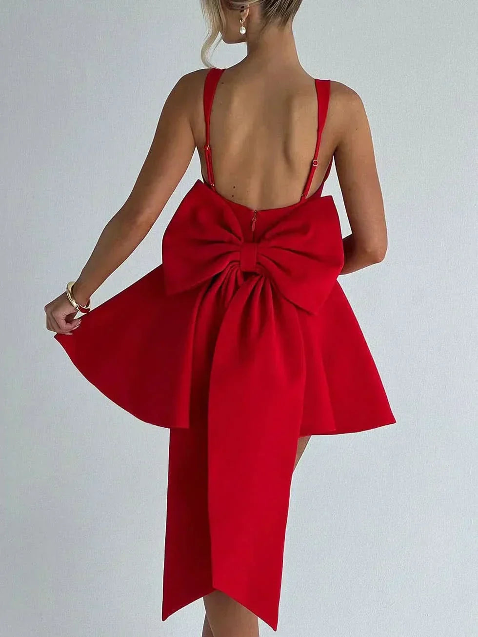 Square Neck Sleeveless Fit and Flare Oversized Back Bow Mini Dress