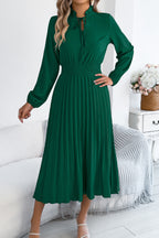 Solid Color Long-sleeved Fitted Waist Pleated Elegant Midi Dress