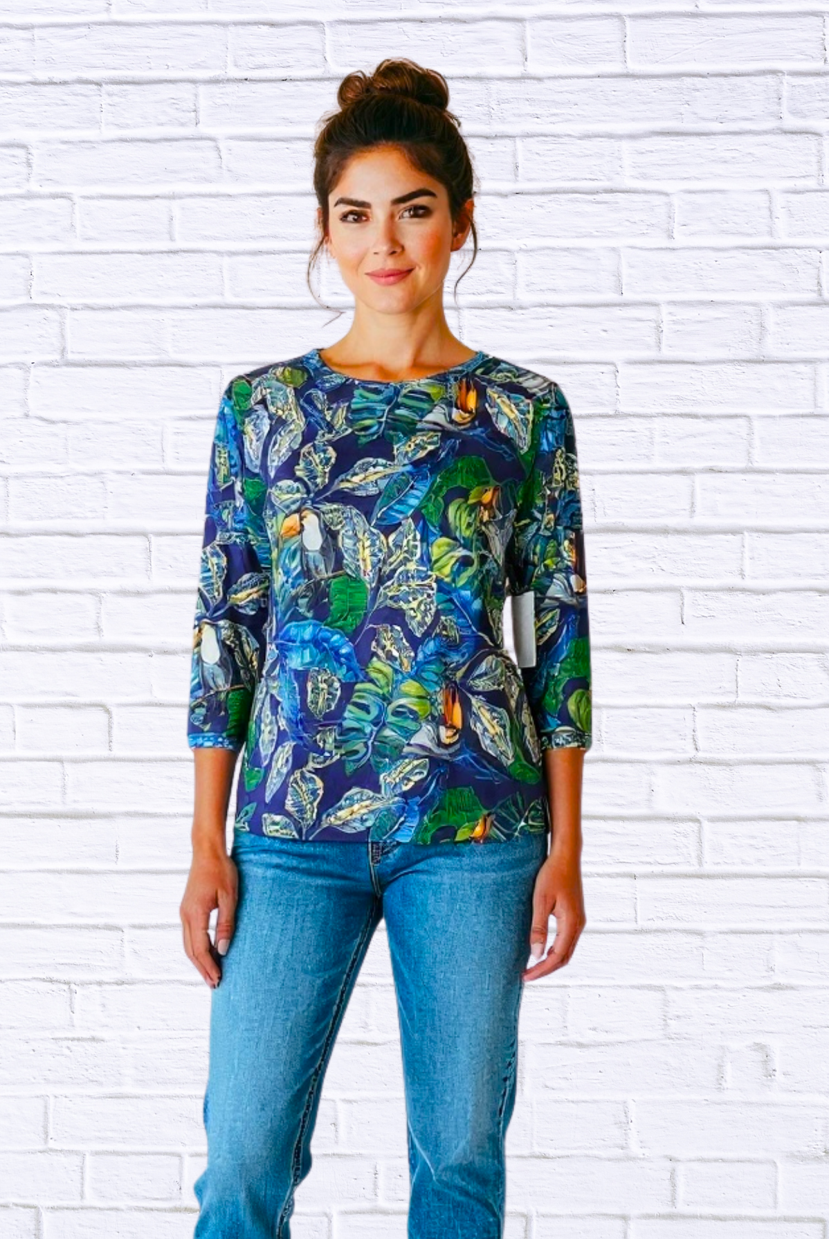 Tropical Toucan Print Long Sleeve Top _ Soft Knit Round Neck Casual Statement Blouse