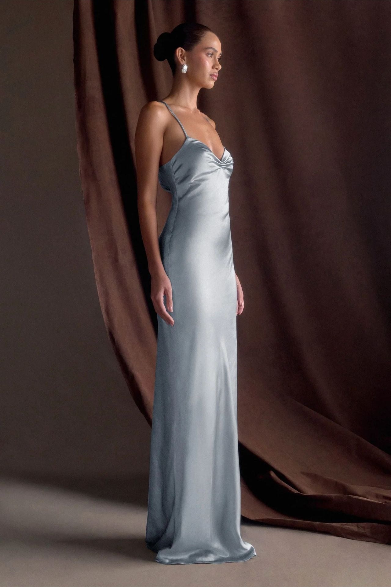 Satin Ruched Bust Spaghetti Strap Maxi Slip Dress
