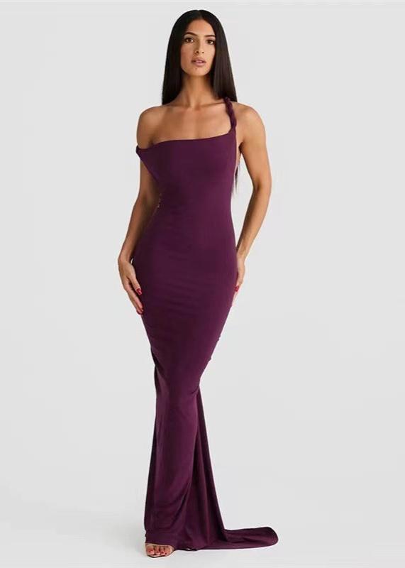 One-Shoulder Twisted Strap Folded Neckline Bodycon Maxi Dress